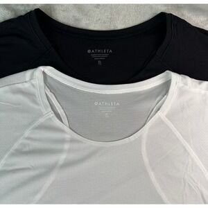 LOT 2 Athleta Grid Knit Tees XL White Black Quick Dry Activewear Shirt NEW